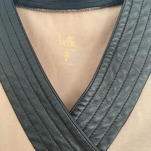 Long sleeve top, mocha with black faux leather trim v-Neck.